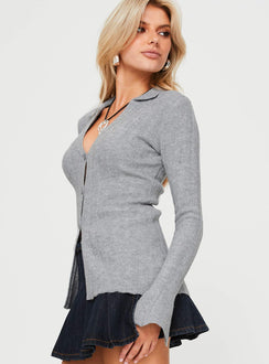 side view of model wearing Princess Polly Beryl Long Sleeve Top Slate Grey Full Sleeves Plunger 