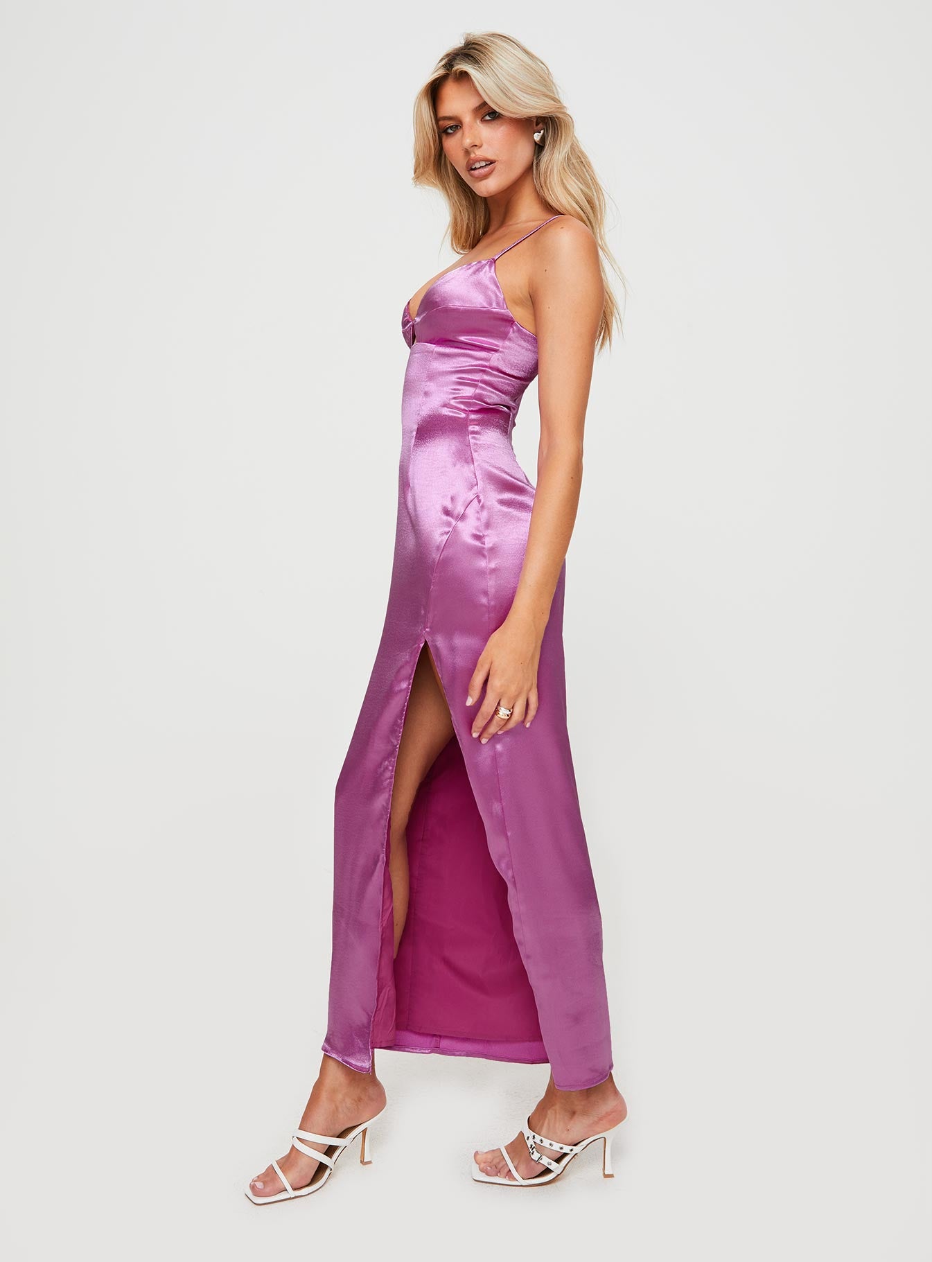side view of model wearing Princess Polly Amandine Maxi Dress Pink Sweetheart Neckline 