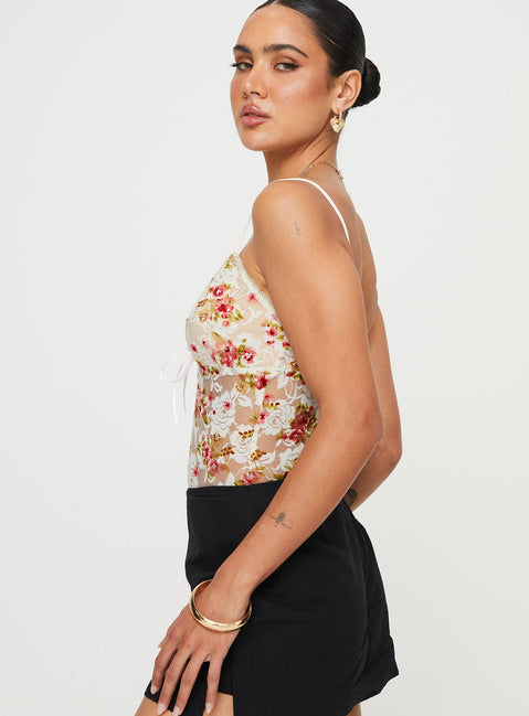 side view of model wearing Princess Polly Amessa Lace Bodysuit Floral Sleeveless Plunger 