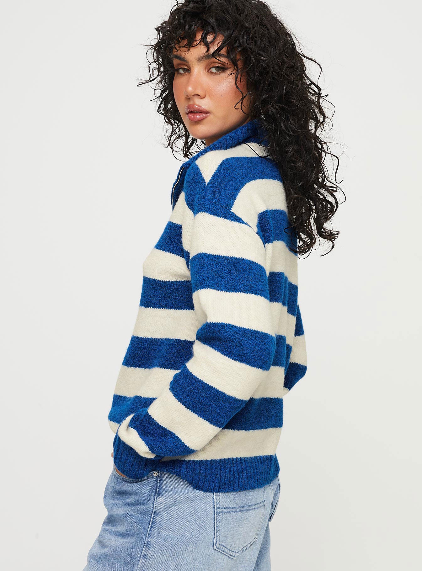 Neena Quarter Zip Sweater Blue / Cream Princess Polly  regular 