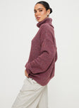 side view of model wearing Princess Polly Oswin Turtleneck Sweater Burgundy Long 