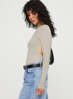 side view of model wearing Princess Polly Gatewood Long Sleeve Bodysuit Grey Full Sleeves 