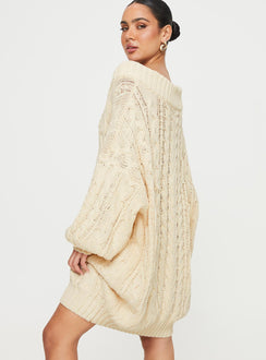 Front view of model wearing  front Princess Polly High Neck  Dravi Mini Sweater Dress Oatmeal