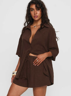 Peni Drawstring Linen Shorts Chocolate