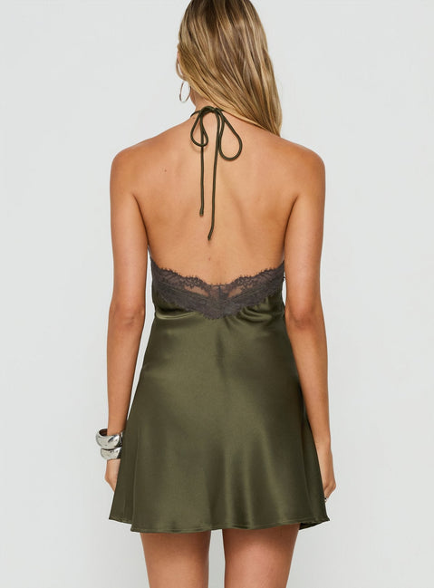 Zinniah Arrowneck Satin Mini Dress Khaki