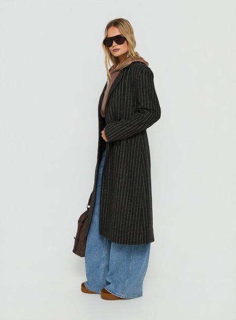 Olimpea Longline Trenchcoat Schwarz Nadelstreifen