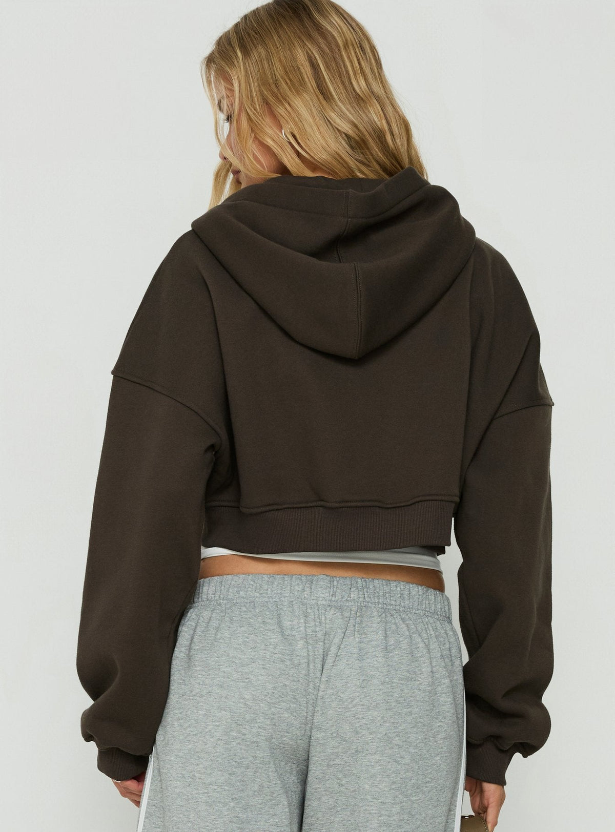Capturing the Zellah Double Ended Zipper Hoodie Iron Grey womens-jumpers with oversized fit and short length back view of model wearing Princess Polly
