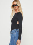 side view of model wearing Princess Polly Gatewood Long Sleeve Bodysuit Black Tall Full Sleeves Boat Neck 