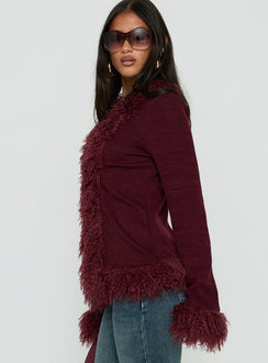 Brynlie Faux Fur Trim Boxy Cardigan Burgundy