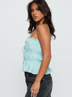 side view of model wearing Princess Polly Sombre Tie Detail Strapless Top Blue Sleeveless straight 