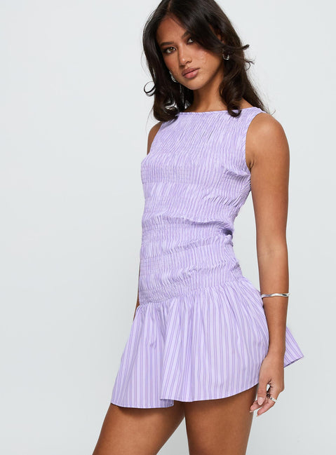 side view of model wearing Princess Polly Home Grown Shirred Mini Dress Lilac Stripe Boat Neck 
