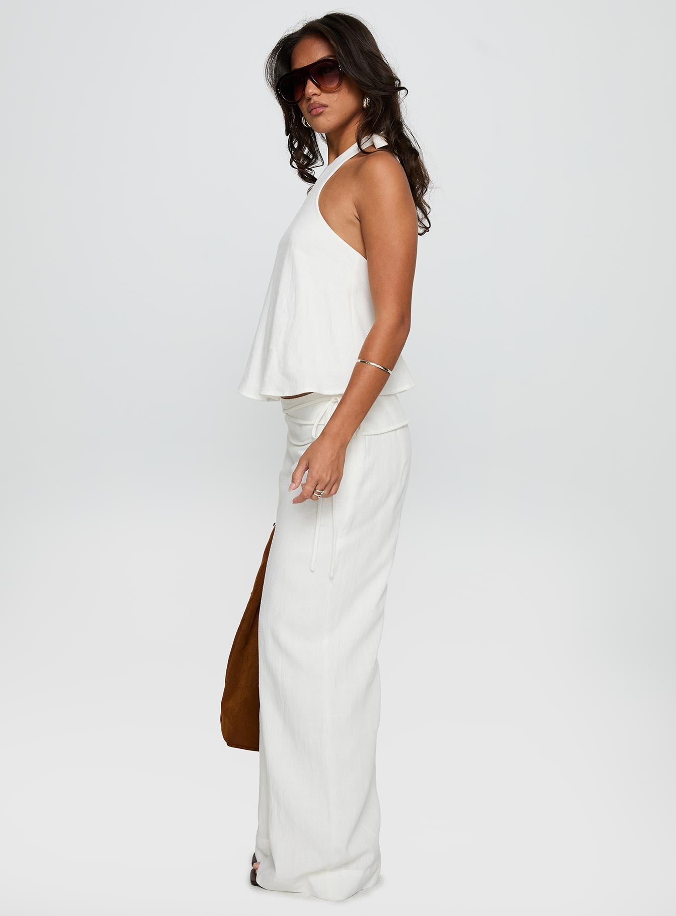 side view of model wearing Princess Polly Silver Moon Linen Blend Tie Pants White High Waisted Pants 