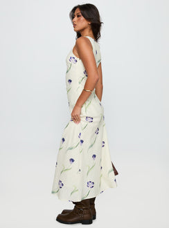 back view of model wearing Princess Polly Jessabelle Linen Blend Midi Dress Cream Floral Scoop Neck 