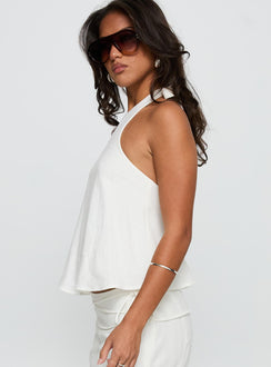 side view of model wearing Princess Polly Aquaria Halter Linen Blend Top White Sleeveless Crew Neck 