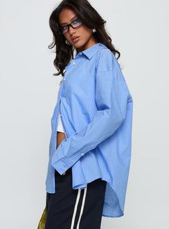 side view of model wearing Princess Polly Kodhi Oversized Long Sleeve Top Blue Stripe Full Sleeves V-Neck 