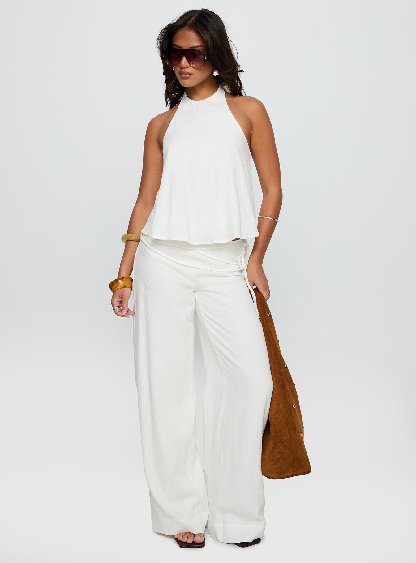 Explore the Silver Moon Linen Blend Tie Pants White Petite womens regular pants featuring high-rise side view of model wearing