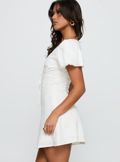 side view of model wearing Princess Polly Beloved Puff Sleeve Linen Blend Mini Dress White Plunger 