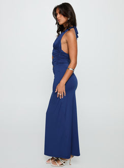 side view of model wearing Princess Polly Labour Of Love Halter Maxi Dress Cobalt Plunger 