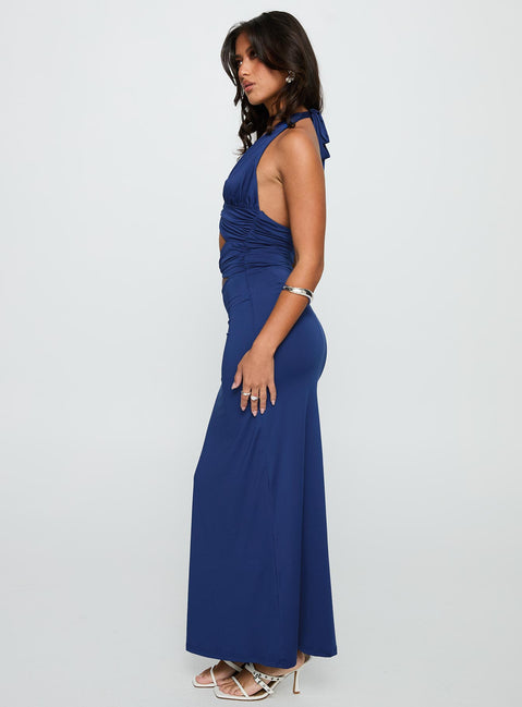 side view of model wearing Princess Polly Labour Of Love Halter Maxi Dress Cobalt Plunger 
