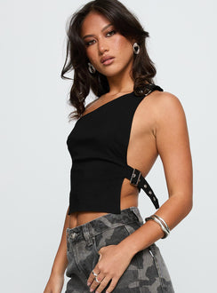 side view of model wearing Princess Polly Buckled Down One Shoulder Top Black Sleeveless Asymmetric Neckline 