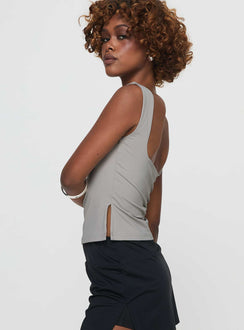 side view of model wearing Princess Polly Rehna Top Grey Sleeveless V-Neck 