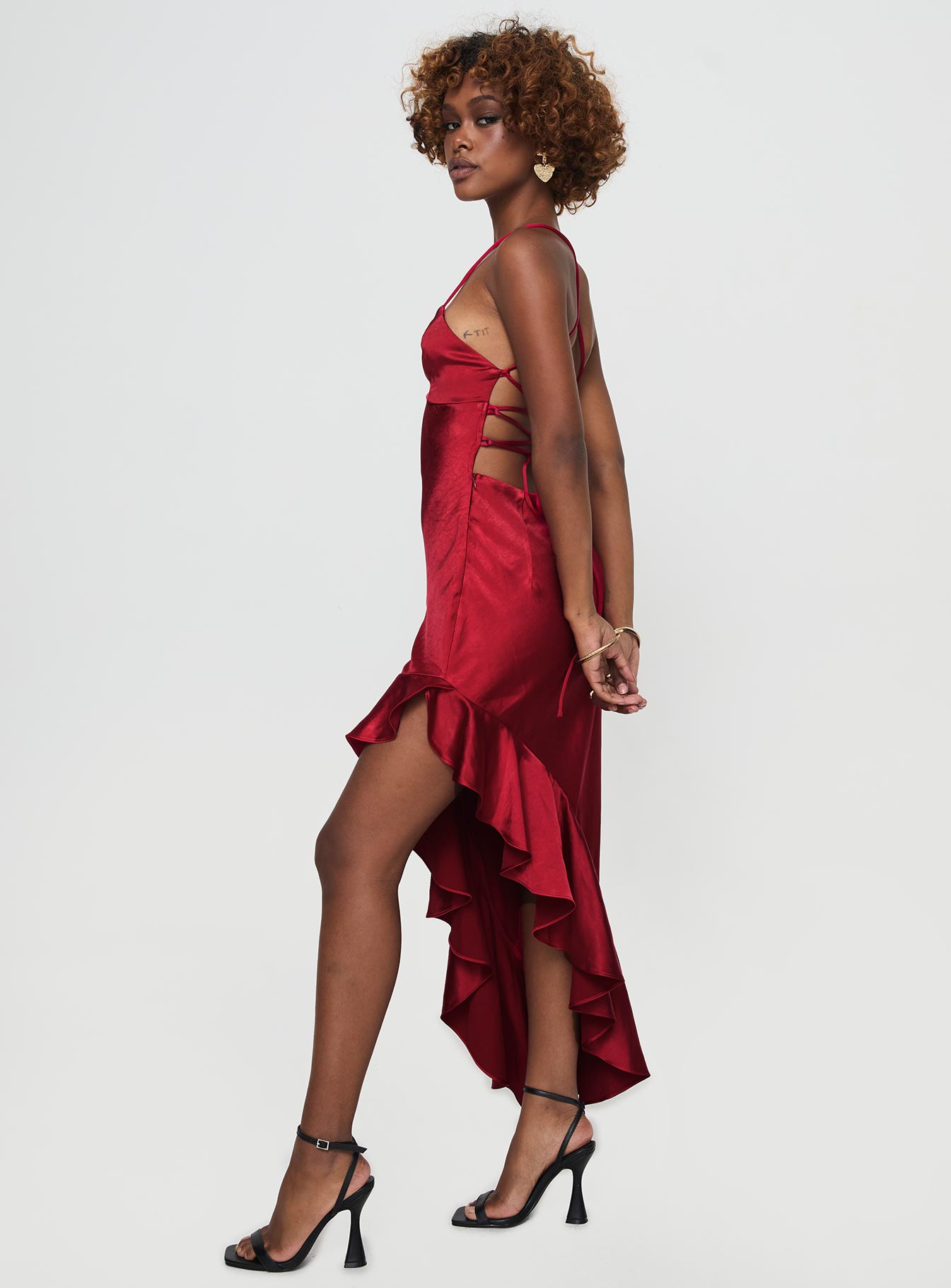 side view of model wearing Princess Polly Casen Maxi Dress Red Plunger 