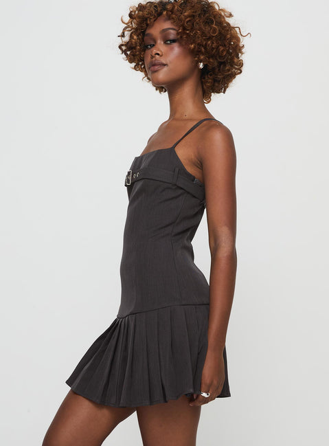 side view of model wearing Princess Polly Valletta Mini Dress Slate Square Neck 