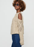 Cable knit sweater Cold shoulder design, ribbed cuff and waist relaxed fit Princess Polly Lower Impact