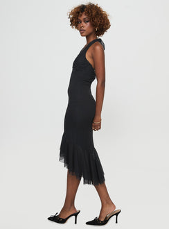side view of model wearing Princess Polly Amadeus Midi Dress Black V-Neck 