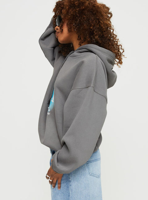 side view of model wearing Princess Polly Intuition Hooded Sweatshirt Bubble Text Charcoal regular 