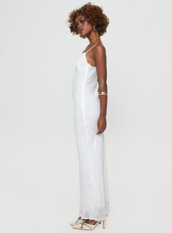 side view of model wearing Princess Polly Naeema Maxi Dress White Sweetheart Neckline 