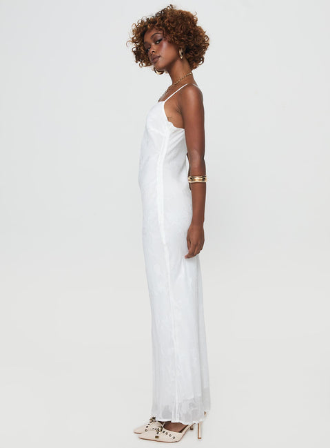 side view of model wearing Princess Polly Naeema Maxi Dress White Sweetheart Neckline 