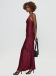 side view of model wearing Princess Polly Marilyn Maxi Dress Wine Plunger 