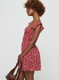 side view of model wearing Princess Polly So Sweet Mini Dress  Red / Floral Sweetheart Neckline 