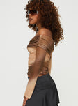 Off-the-shoulder top Mesh sheer material, long sleeves, folded neckline, ruching at sides Invisible zip fastening at side 