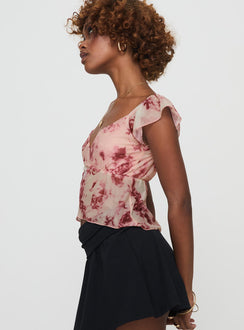 side view of model wearing Princess Polly Time After Top Pink Floral Short Sleeves V-Neck 