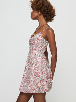 side view of model wearing Princess Polly Farrelli Mini Dress Multi / Paisley V-Neck 
