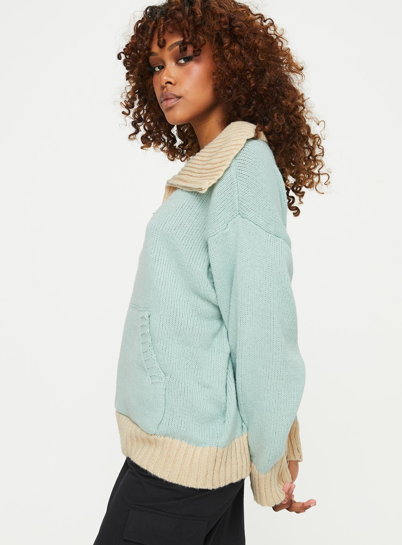 Leelie Quarter Zip Sweater Mint / Beige Princess Polly  Cropped 