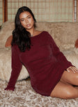 back view of model wearing Princess Polly Leshner Long Sleeve Mini Dress Burgundy Curve 