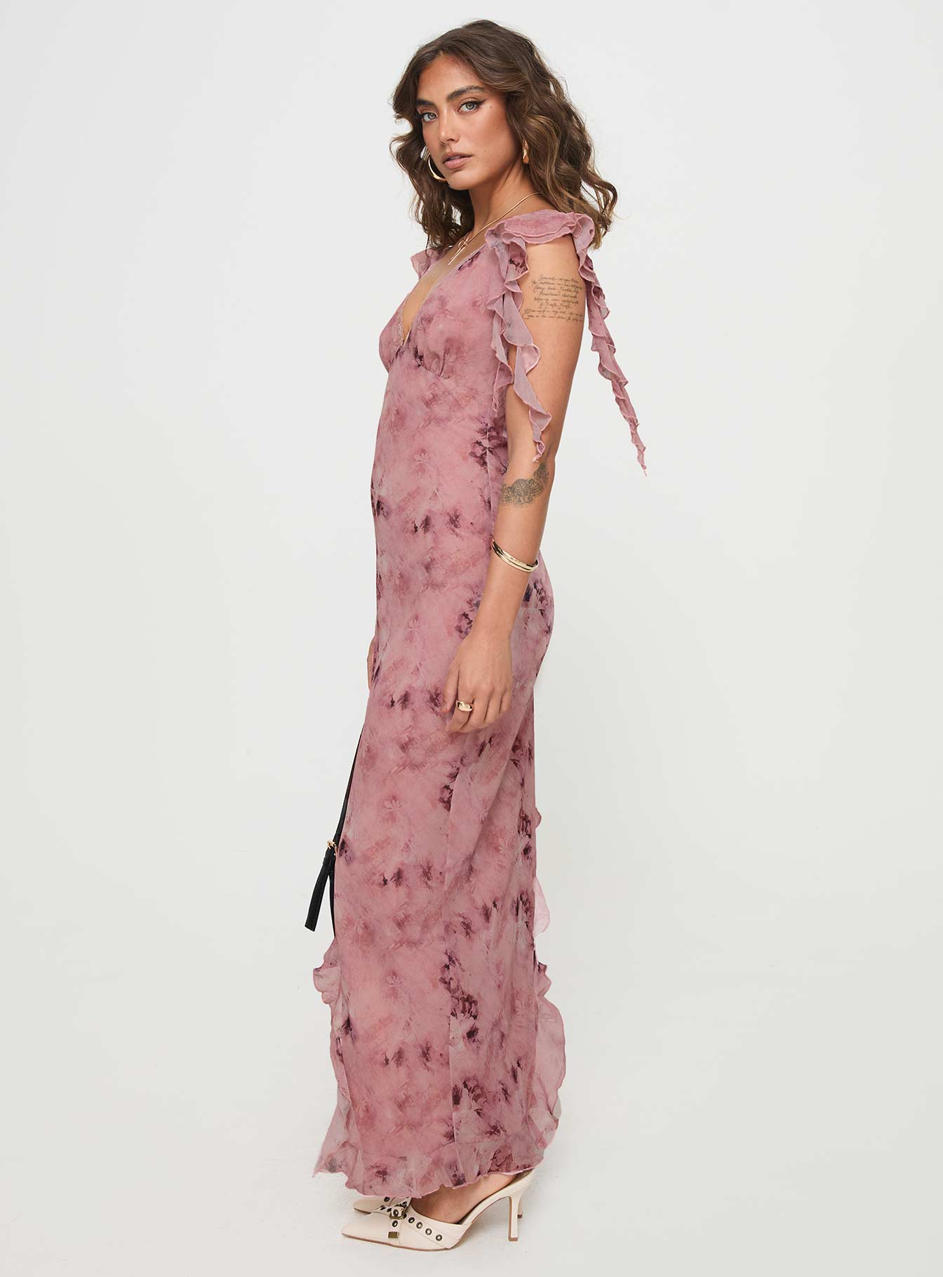 side view of model wearing Princess Polly Vestige Midi Dress Pink Plunger 