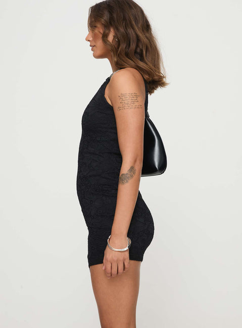 side view of model wearing Princess Polly Toomba Lace Mini Dress Black Asymmetric Neckline 