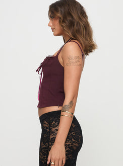 side view of model wearing Princess Polly Trynia Top Burgundy Sleeveless Square Neck 