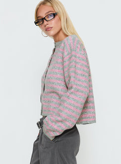 side view of model wearing Princess Polly Raynna Button Up Cardigan Pink / Grey Stripe Cropped Jumpers 