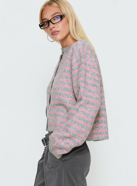 side view of model wearing Princess Polly Raynna Button Up Cardigan Pink / Grey Stripe Cropped Jumpers 