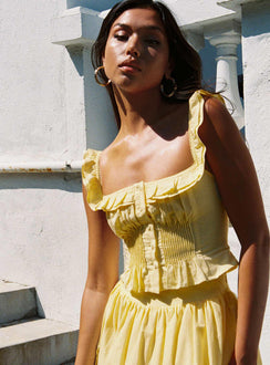 front view of model wearing Princess Polly Isadoria Frill Top Yellow Sleeveless Square Neck 