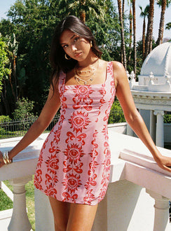front view of model wearing Princess Polly Maris Mini Dress Pink / Red Square Neck 