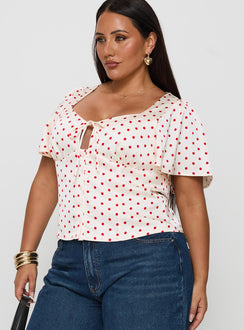 front view of model wearing Princess Polly Adrienna Flutter Blouse White / Red Curve Short Sleeves V-Neck 