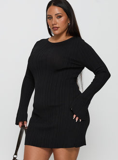 front view of model wearing Princess Polly Mayok Long Sleeve Mini Dress Black Curve Crew Neck 