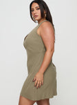 side view of model wearing Princess Polly Portillo Linen Blend Mini Dress Olive Curve Plunger 