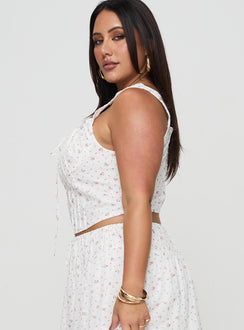 side view of model wearing Princess Polly Traycie Corset Top White Curve Sleeveless Scoop Neck 